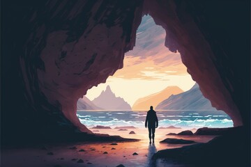 Man strolling through sea cavern at sunset. Fantasy concept , Illustration painting. Generative AI