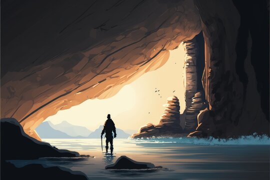 Man strolling through sea cavern at sunset. Fantasy concept , Illustration painting. Generative AI