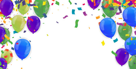 Celebration banner with balloons and confetti. Vector illustration.