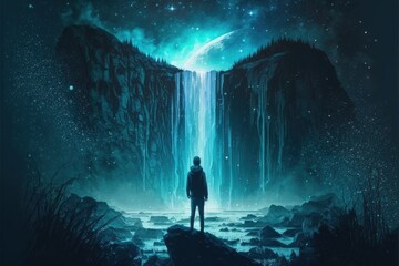 Man atop a rock formation near a waterfall gazes at the night sky. Fantasy concept , Illustration painting. Generative AI