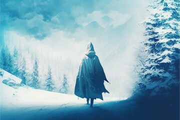 A white hooded figure stands amidst a snowy landscape of white trees. Fantasy concept , Illustration painting. Generative AI