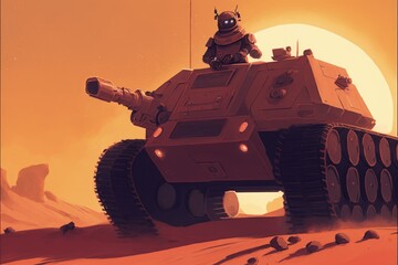 Man operating a robotic vehicle on a red planet in sci-fi scenery. Fantasy concept , Illustration painting. Generative AI