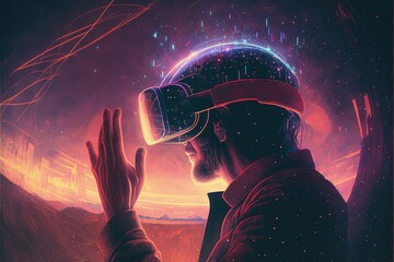 A man with a virtual reality headset interacting with a particle of himself. Fantasy concept , Illustration painting. Generative AI