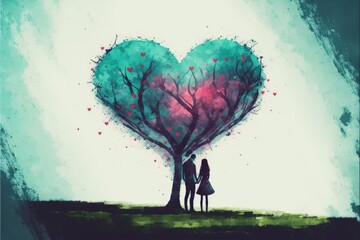 Valentine's Day drawing of couple by heart-shaped tree. Fantasy concept , Illustration painting. Generative AI