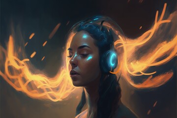 Lady with enchanted gleaming earphones on dim backdrop. Fantasy concept , Illustration painting. 
