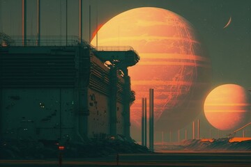 Sci-fi landscape with the route to abandoned factories and celestial bodies in the horizon. Fantasy concept , Illustration painting. Generative AI