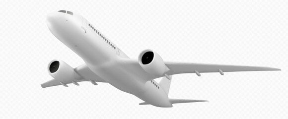 Realistic 3D plane isolated on transparent background. Vector illustration of white aircraft mockup for passenger, freight transportation, international mail delivery. Transport for travel on vacation - obrazy, fototapety, plakaty