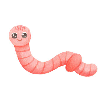 Cute smiling character worm isolated on white background. Funny insect for children. Watercolor cartoon illustration