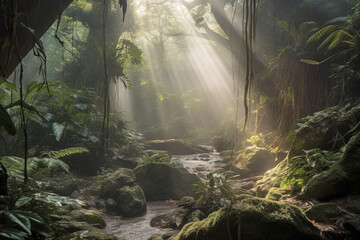 River in jungles, sunlight shining through foliage, Generative AI