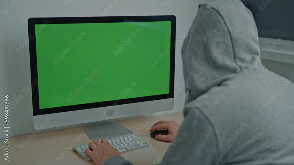 Poster man using pc play computer game playing online game on computer with green screen minimalist workplace at home or office Generative AI