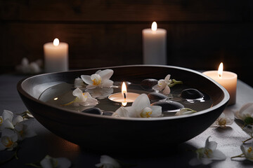 Obraz na płótnie Canvas Spa concept. Bowl of water, floating flower petals, lit candles and stones