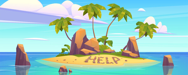 Uninhabited tropical sea island cartoon landscape. Tiny isle scene with rock and palm tree on sea shore beach. Loneliness paradise calm ocean water and help text with stone on sand panoramic view © klyaksun