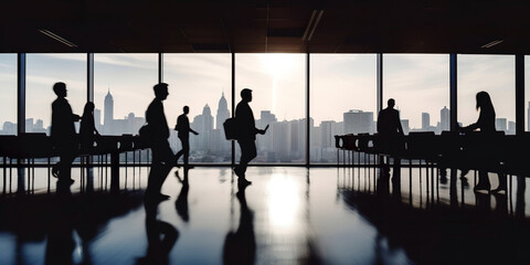 Silhouette group of people walking in office with blurred city background