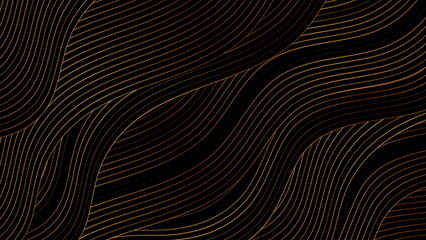 Black abstract background with golden wavy pattern