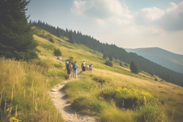 Obraz premium Backpackers with colorful backpacks walk along mountain path. Eco travel ecotourism. Generative Ai content
