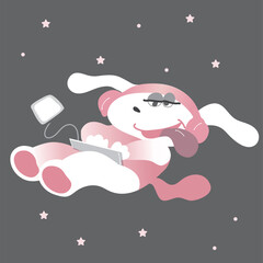 A character with bunny ears. Swaying in space, SNS addiction. Vector illustration 