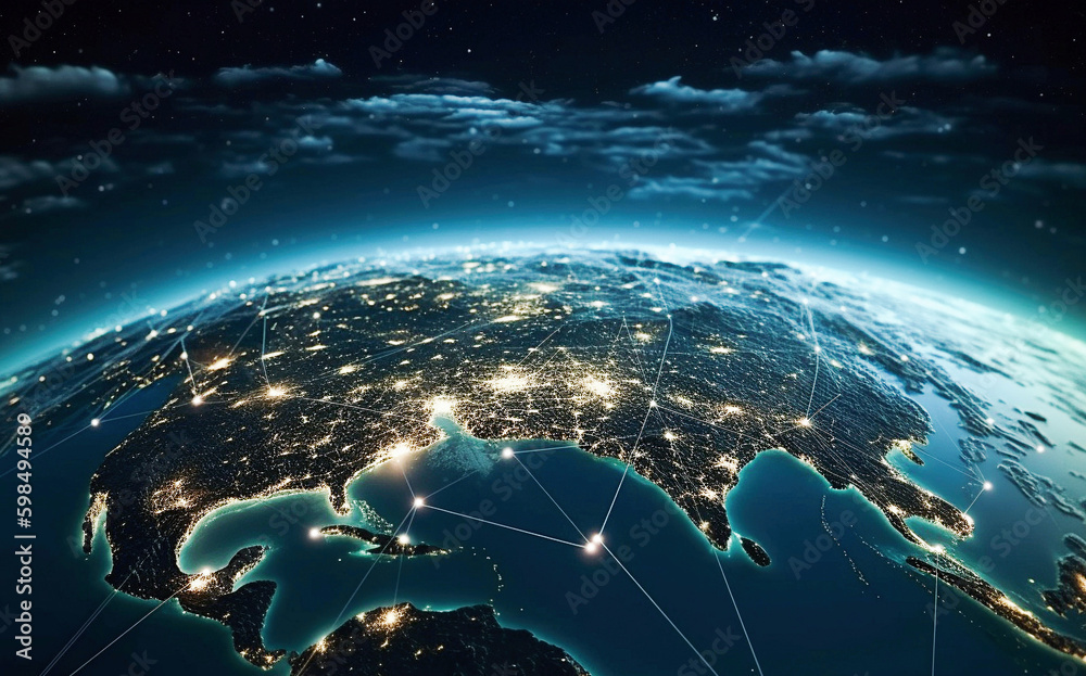 Wall mural ai generative. global communication network concept network dots surrounding planet earth