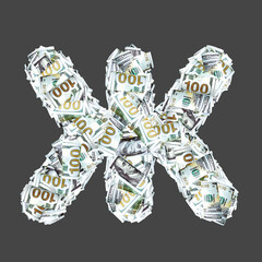 Cyrillic letters with dollar paper money banknotes. Isolated on gray background.