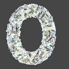 Numbers and signs with dollar paper money banknotes. Isolated on gray background.	