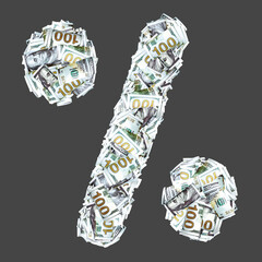 Numbers and signs with dollar paper money banknotes. Isolated on gray background.	