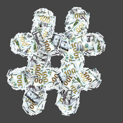 Numbers and signs with dollar paper money banknotes. Isolated on gray background.	