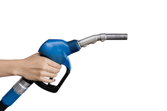 Left hand of a woman holding a blue auto injector for refueling, isolated on white background. Closeup hand holding Oil Diesel Nozzle for Fuel Dispenser, clipping path