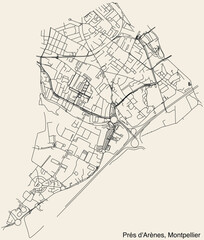 Detailed hand-drawn navigational urban street roads map of the PRES D’ARENES QUARTER of the French city of MONTPELLIER, France with vivid road lines and name tag on solid background