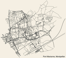 Fototapeta na wymiar Detailed hand-drawn navigational urban street roads map of the PORT MARIANNE QUARTER of the French city of MONTPELLIER, France with vivid road lines and name tag on solid background