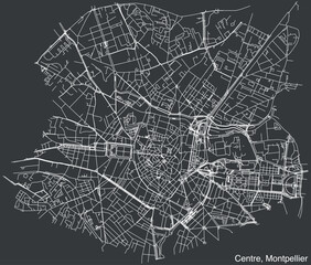 Detailed hand-drawn navigational urban street roads map of the CENTRE QUARTER of the French city of MONTPELLIER, France with vivid road lines and name tag on solid background