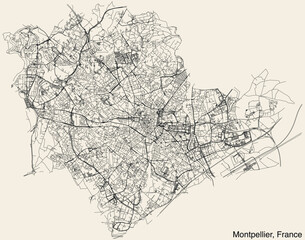 Detailed hand-drawn navigational urban street roads map of the French city of MONTPELLIER, FRANCE with solid road lines and name tag on vintage background