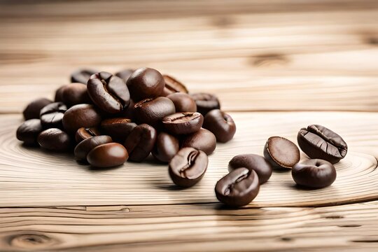 Top side view of coffee beans isolated on rustic wooden background. Coffee product promotional concepts