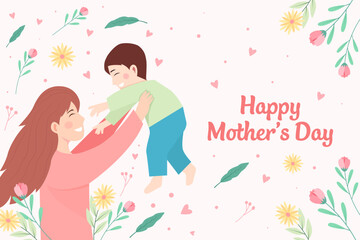 flat design horizontal banner happy mother's day with the mother carry the baby