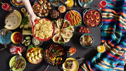 Mexican food, a national holiday in Mexico. Authentic Mexican family and friends at the table top view Generative AI