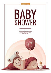 Flyer design with sleeping baby girl. Newborn, Childbirth, babyhood, childhood, baby shower concept. A4 Vector illustration for banner, flyer, advertising.
