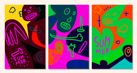 Fototapeta premium Vector colorful abstract pop art face and mask background for summer