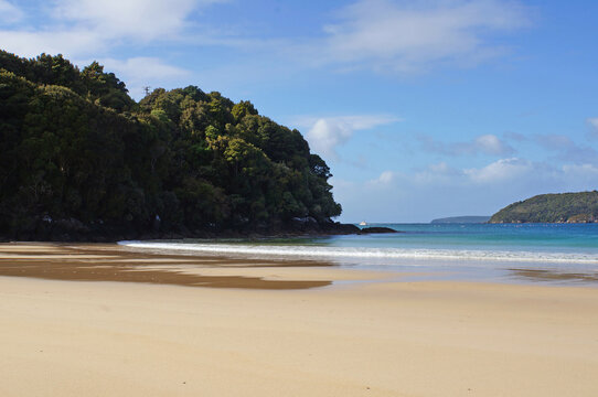 View across the golden sand on Butterfield Beach, Half Moon Bay, Stewart Island, New Zealand