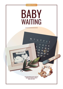 Flyer design with monthly calendar, ultrasound baby picture, pregnancy test. Baby waiting, pregnancy, sonogram concept. A4 vector illustration for flyer, poster, banner, advertising.