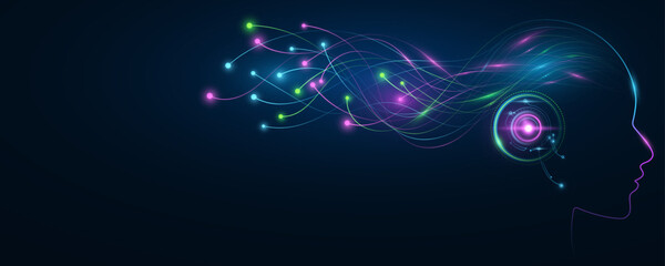 Artificial intelligence analyzes data information with neural networks. Cybernetic sci-fi concept. Glowing neural connectors from the head of a cyborg. Vector illustration