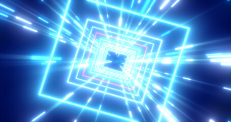 Abstract blue energy futuristic hi-tech square tunnel of flying lines neon magic glowing background