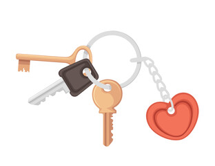 Red heart keychain with different keys vector illustration isolated on white background