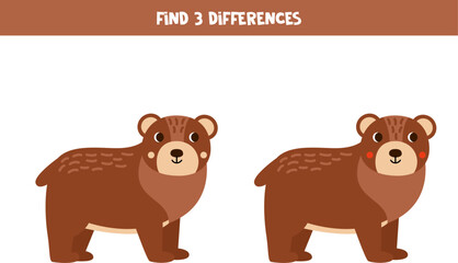 Find 3 differences between two cute cartoon bears.