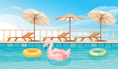 Fototapeta na wymiar Hotel swimming pool or resort outdoor wooden lounger umbrella inflatable flamingo and ball vector illustration