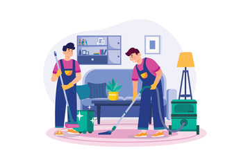 male worker doing vacuum cleaning clean floor living room