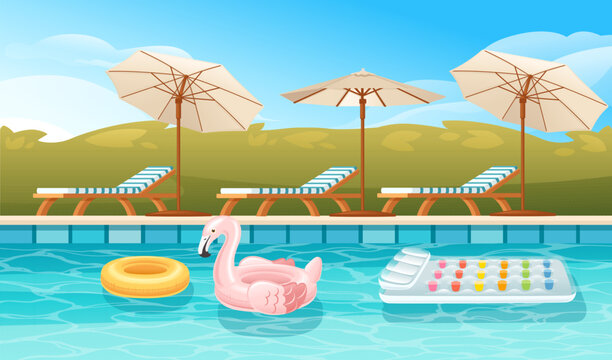 Hotel swimming pool or resort outdoor wooden lounger umbrella inflatable flamingo and ball vector illustration