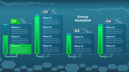 Horizontal quarterly roadmap for game project with energy tanks to show progress on blue background. Timeline infographic template for business presentation. Vector.