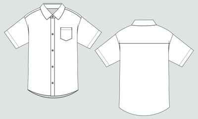 Short sleeve woven fabric shirt technical drawing fashion flat sketch vector illustration template front and back isolated on grey background.