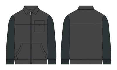 Long sleeve jacket with pocket and zipper technical fashion flat sketch vector illustration template front and back views. Fleece jersey sweatshirt jacket for men's and boys.
