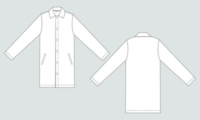 Long sleeve knee length coat jacket technical drawing fashion flat sketch vector illustration template front and back isolated on grey background. © ClothingArtStudio 