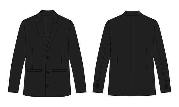 Long sleeve black color blazer suit technical drawing fashion flat sketch vector illustration template front and back views isolated on white background
