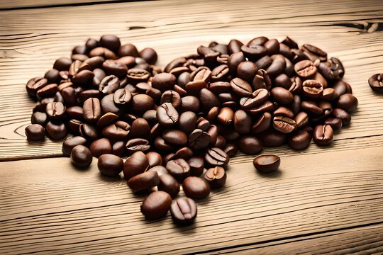 Top side view of heart from coffee beans isolated on rustic wooden background with copy space